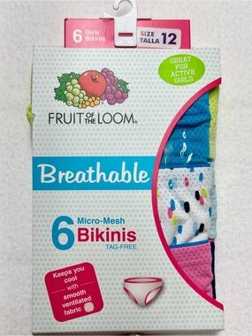 Fruit of the Loom Girls Breathable Micro‑Mesh Bikinis – Size 12 – 6 Pack